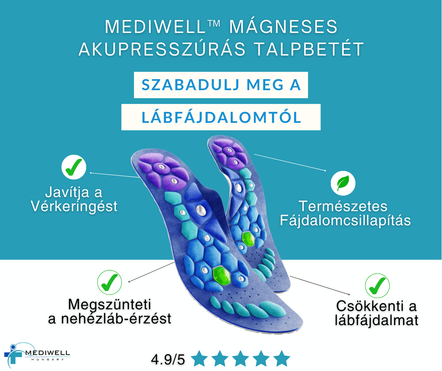 Mediwell MassagWalk™ Mágneses Akkupresszúrás Talpbetét
